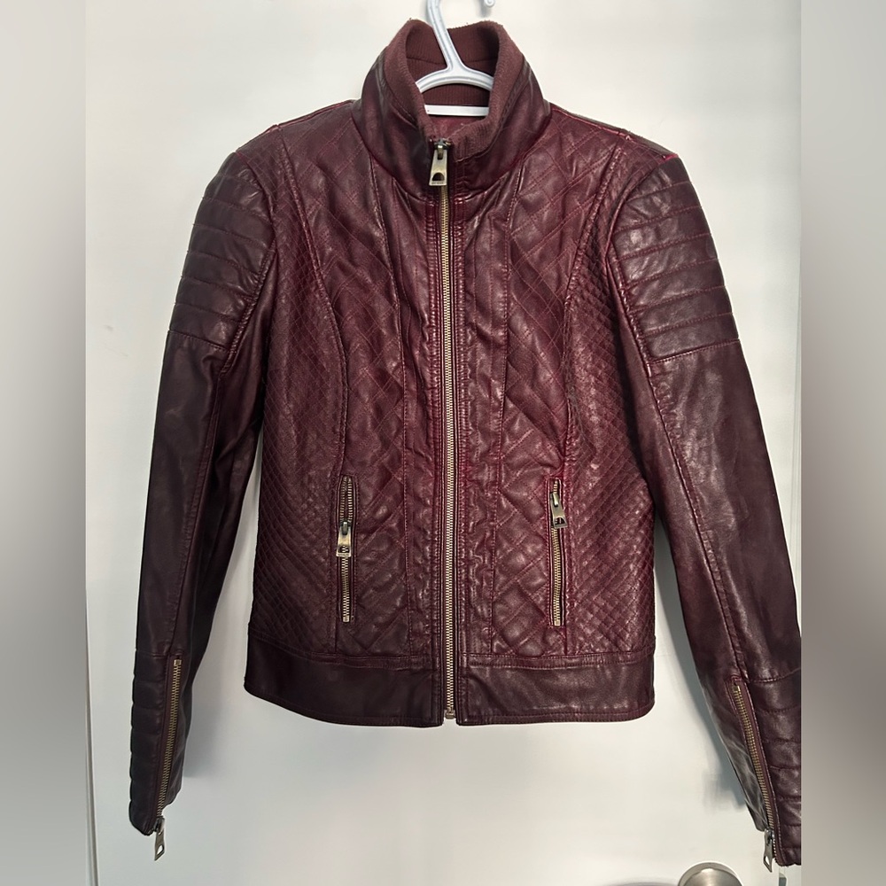 Guess Women's Burgundy Quilted Faux Leather Jacket